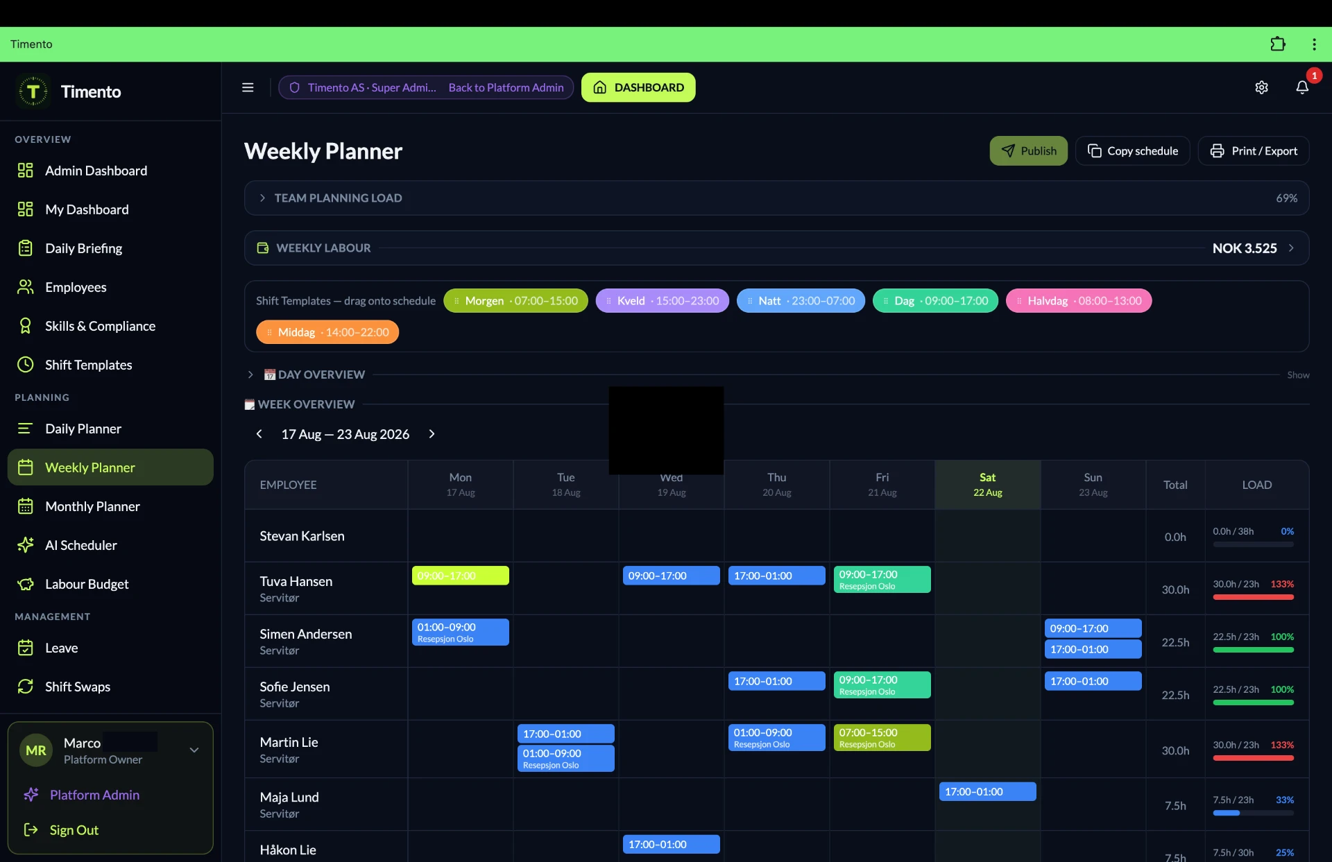 Timento Scheduling , Week Planner