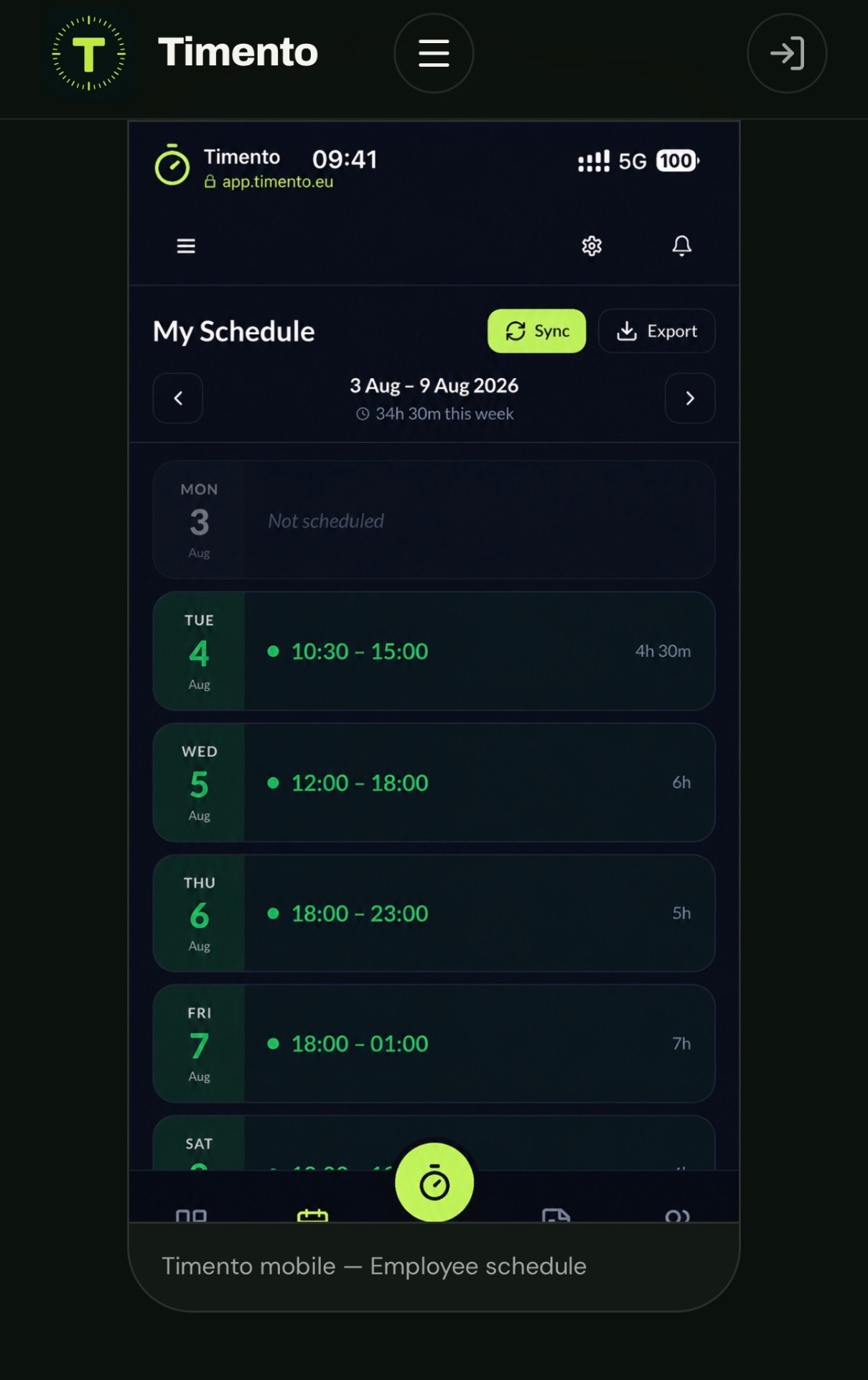Timento mobile , My Schedule in the Employee Portal